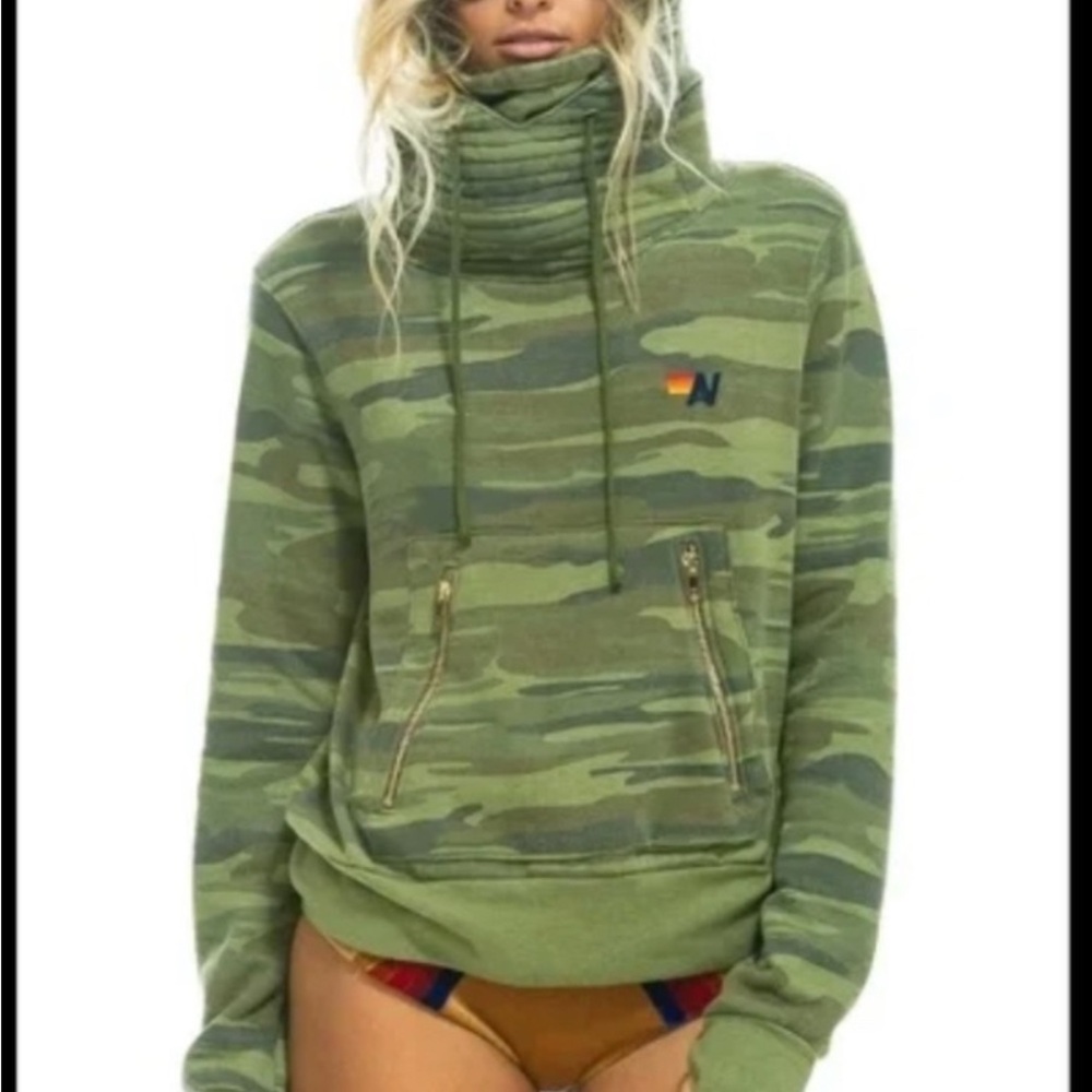 Aviator Nation Olive Green Camo High Funnel Neck Pullover